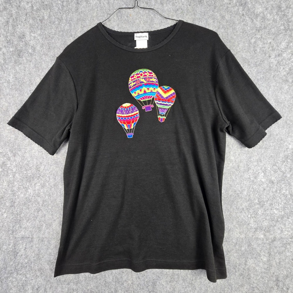 BonWorth Hot Air Balloon Top Womens XS Black Short Sleeve Embroidered Tee